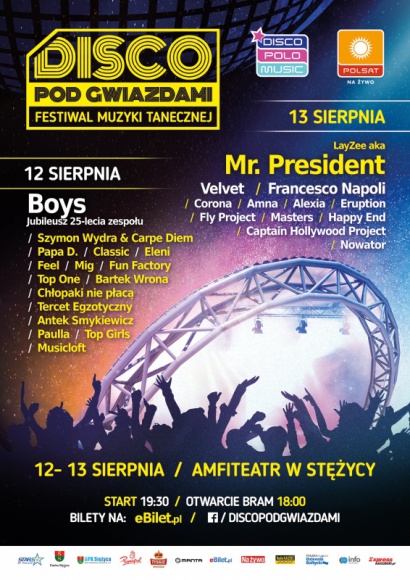 „Disco pod gwiazdami” już 12-13 sierpnia w Stężycy k. Kartuz! Muzyka, LIFESTYLE - Jeden z najlepszych w Polsce festiwali muzyki tanecznej „Disco pod gwiazdami” odbędzie się w tym roku w dniach 12-13 sierpnia w Stężycy k. Kartuz. Dla roztańczonej publiczności zagrają takie gwiazdy, jak Mr. President, Feel, MiG, Francesco Napoli, Paulla i wielu innych.